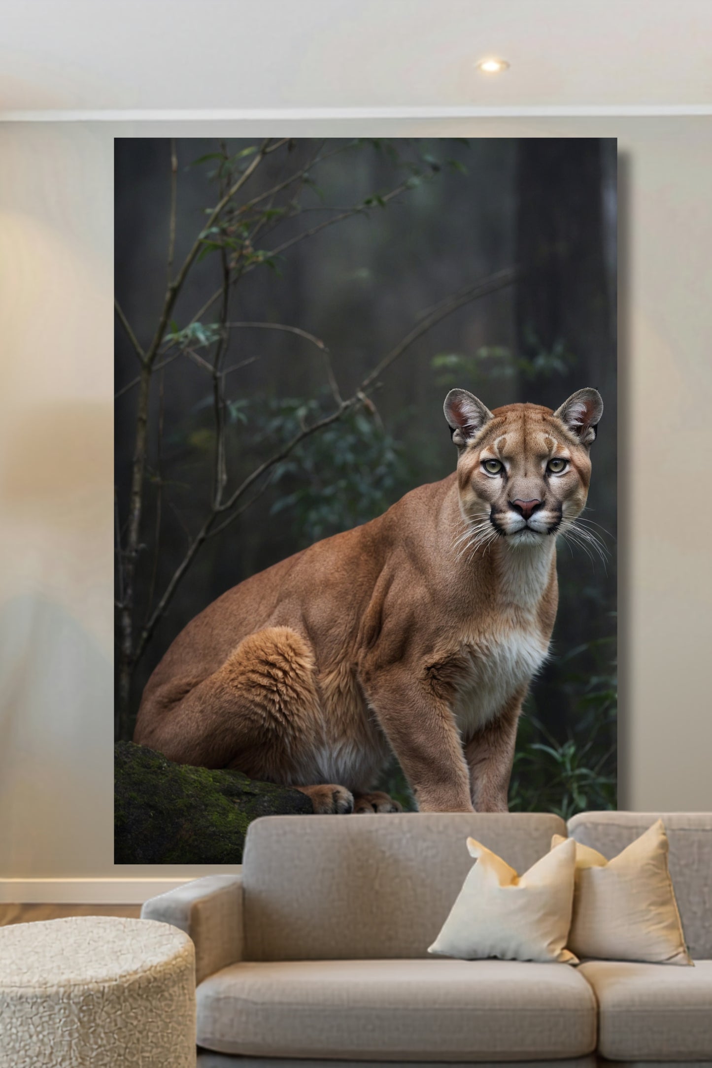 Leinwand eines Pumas im nebeligen Wald an einer hellen Wand bei Tageslicht über einem hellen Sofa 