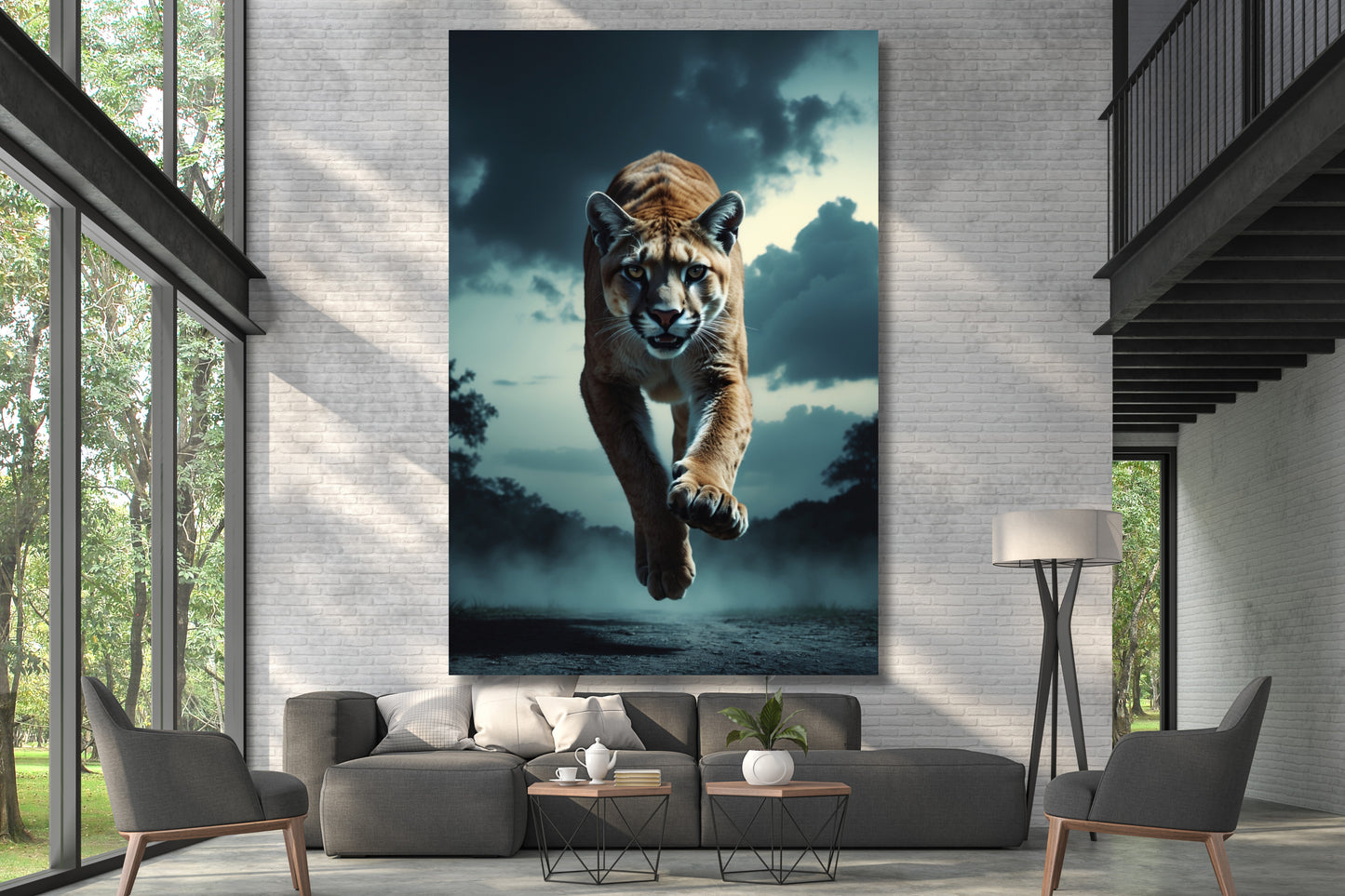 Leinwand eines Pumas im Sprung an einer hohen weißen Wand über einem grauen Sofa in einer 2-stöckigen Galerie mit großen Fenstern