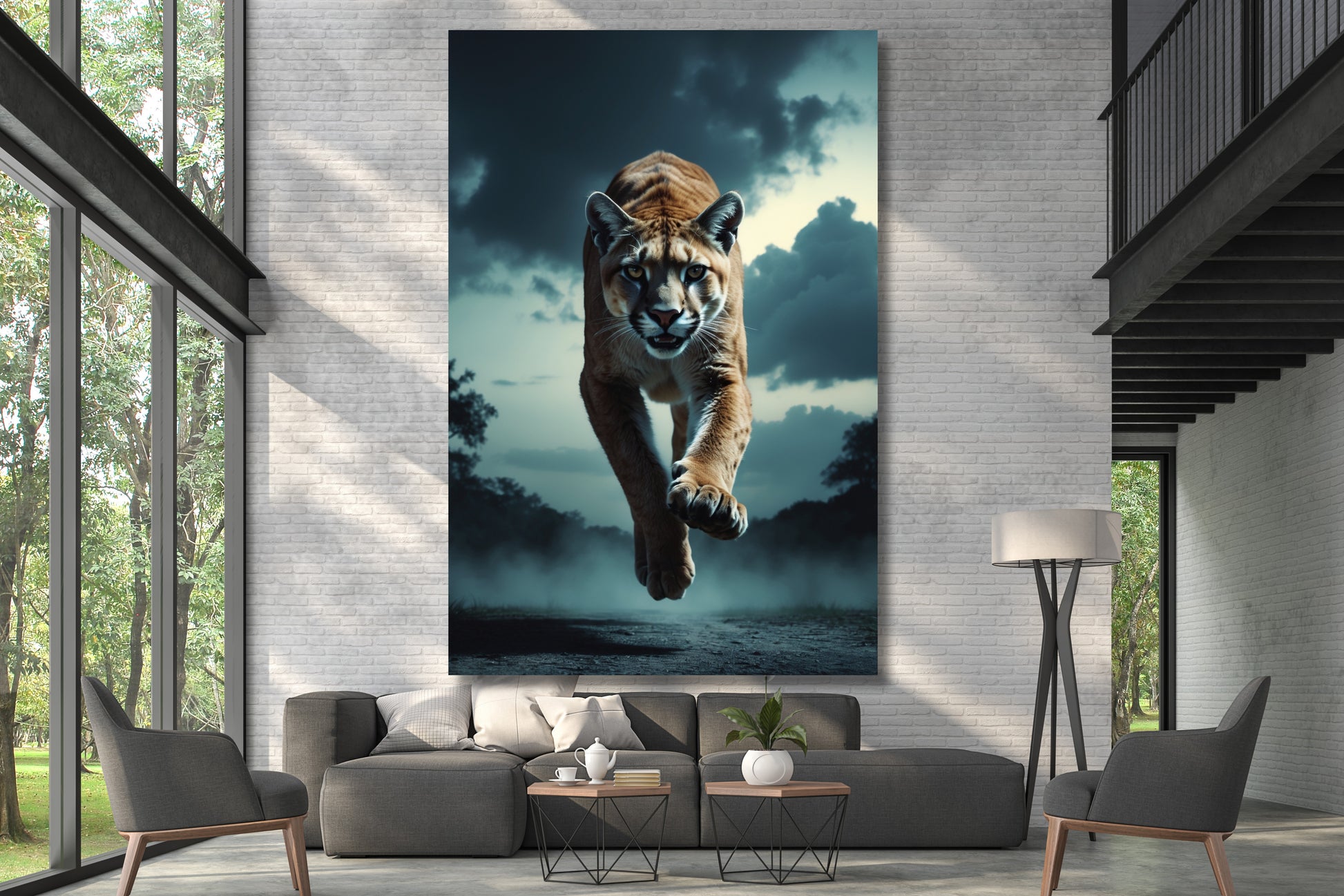 Leinwand eines Pumas im Sprung an einer hohen weißen Wand über einem grauen Sofa in einer 2-stöckigen Galerie mit großen Fenstern