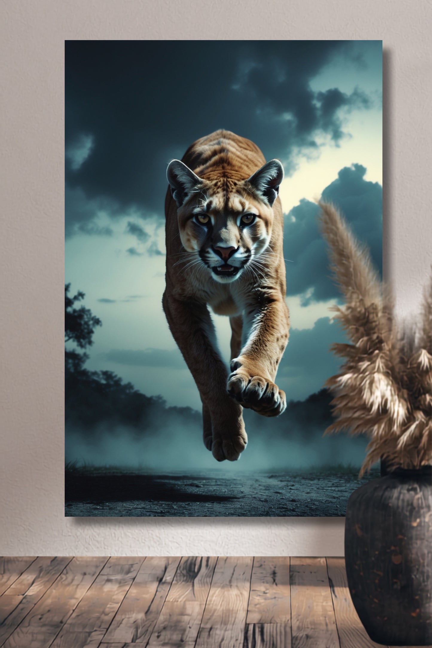 Leinwand eines Pumas im Sprung an einer hellen Wand über einem Holzfußboden und einer Vase mit Trockenblumen im Flurbereich