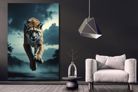 Leinwand eines Pumas im Sprung an einer dunklen Wand neben einem weißen Sessel und einer großen silberfarbenen Hängeleuchte in einem modernen Wohnzimmer