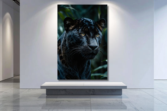 Leinwand eines schwarzen Jaguars im Dschungel an einer weißen Wand in einer Galerie