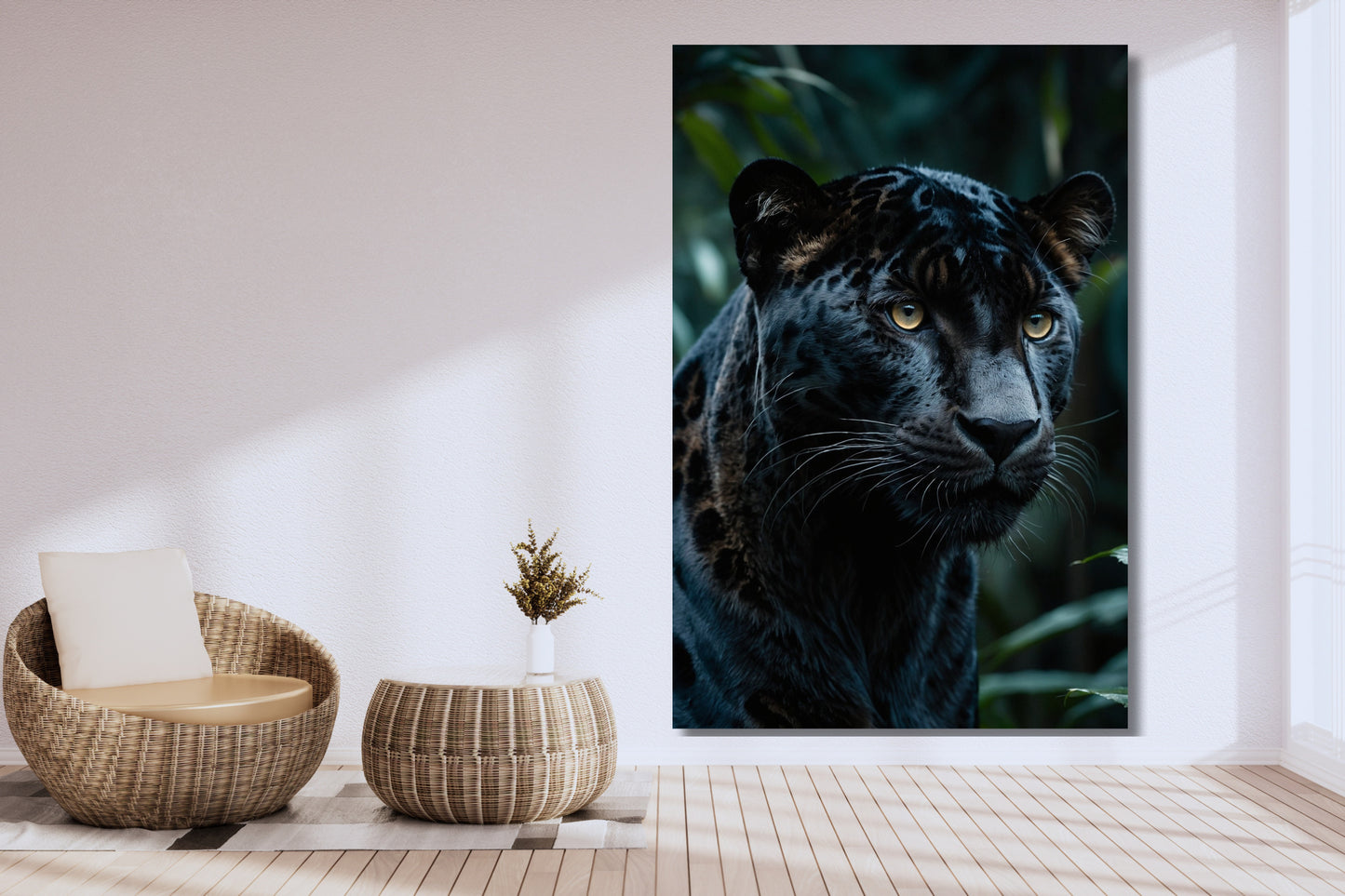 Leinwand eines schwarzen Jaguars im Dschungel an einer weißen Wand neben einem Korbsessel und einem Korbtisch