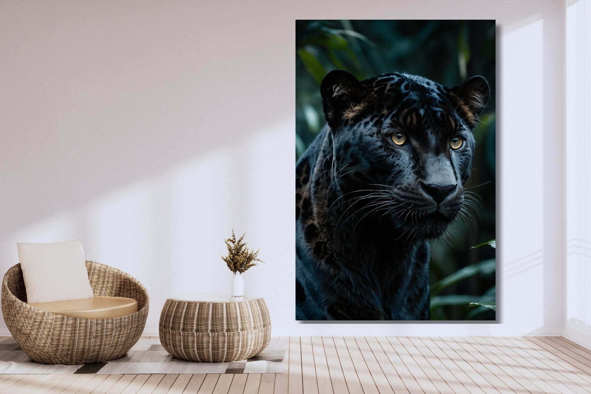Leinwand eines schwarzen Jaguars im Dschungel an einer weißen Wand neben einem Korbsessel und einem Korbtisch