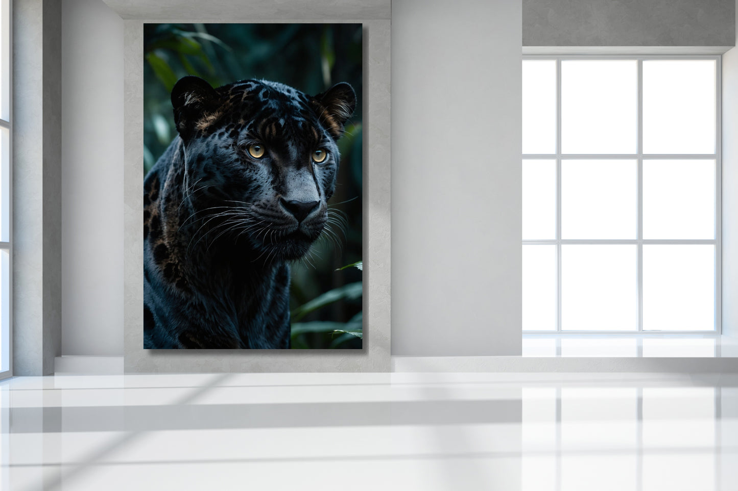 Leinwand eines schwarzen Jaguars im Dschungel an einer weißen Wand in einem lichtdurchfluteten Raum mit großen Fenstern