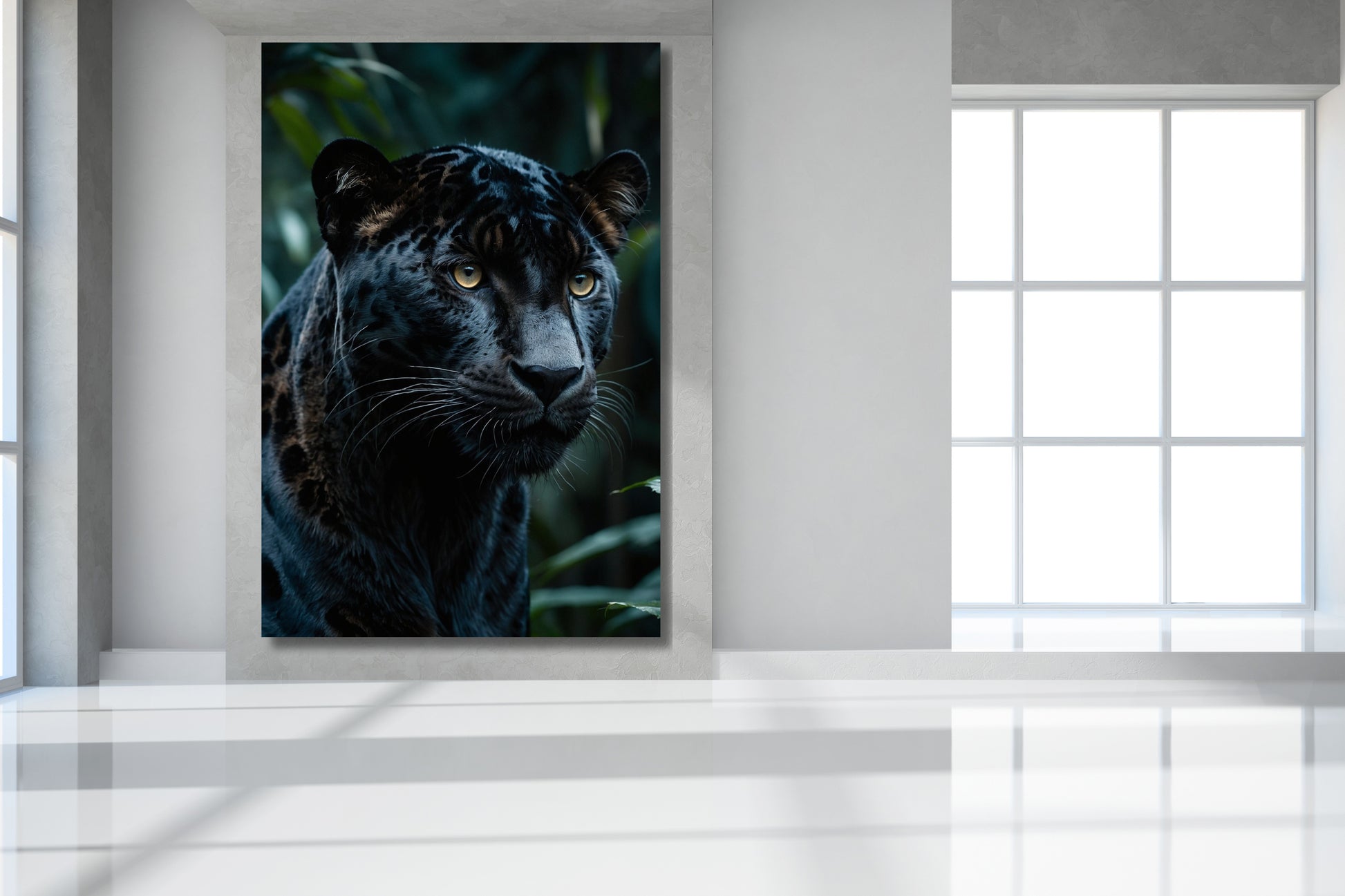 Leinwand eines schwarzen Jaguars im Dschungel an einer weißen Wand in einem lichtdurchfluteten Raum mit großen Fenstern