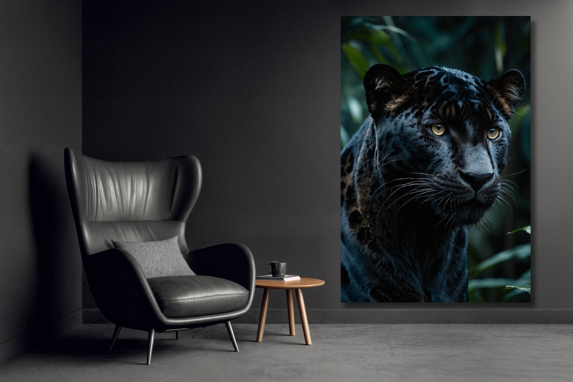 Leinwand eines schwarzen Jaguars im Dschungel an einer dunklen Wand neben einem schwarzen Sessel in einem eleganten Wohnzimmer
