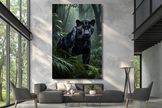 Leinwand eines schwarzen Jaguars im tropischer Regenwald an einer weißen hohen Wand über einem grauen Sofa in einer Galerie mit großen Fenstern