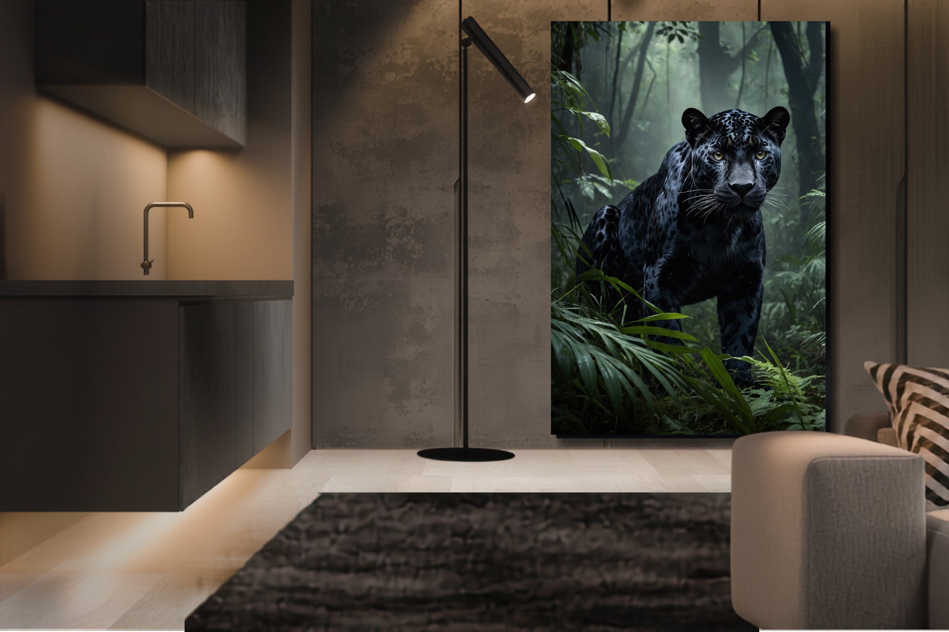 Leinwand eines schwarzen Jaguars im tropischen Regenwald an einer dunklen Wand neben einer großen Stehleuchte in einem offenen Küchen- und Wohnbereich