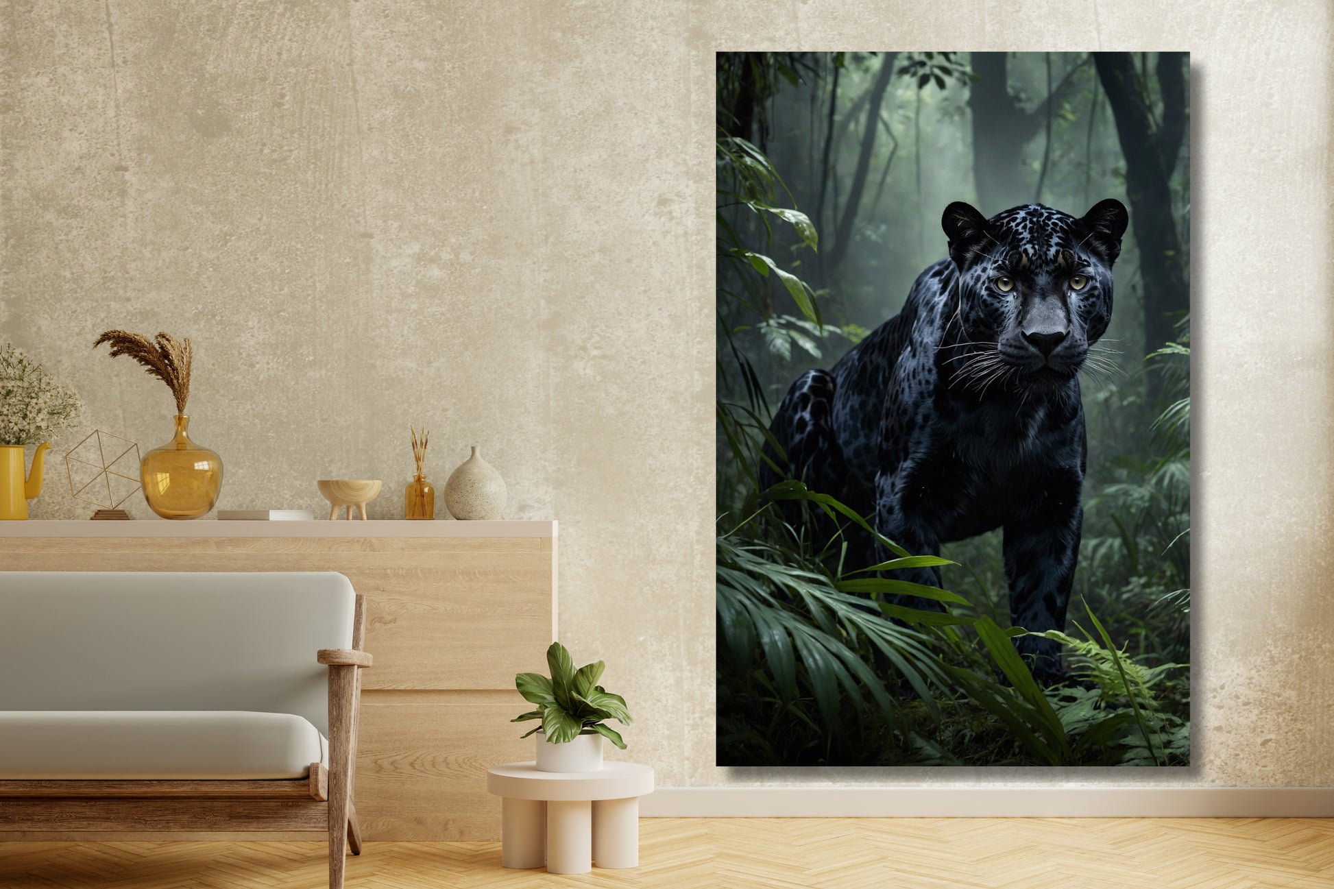 Leinwand eines schwarzen Jaguars im tropischen Regenwald an einer hellen Wand neben einem hellen Sideboard mit stilvoller Dekoration in einem stilvollen Wohnzimmer