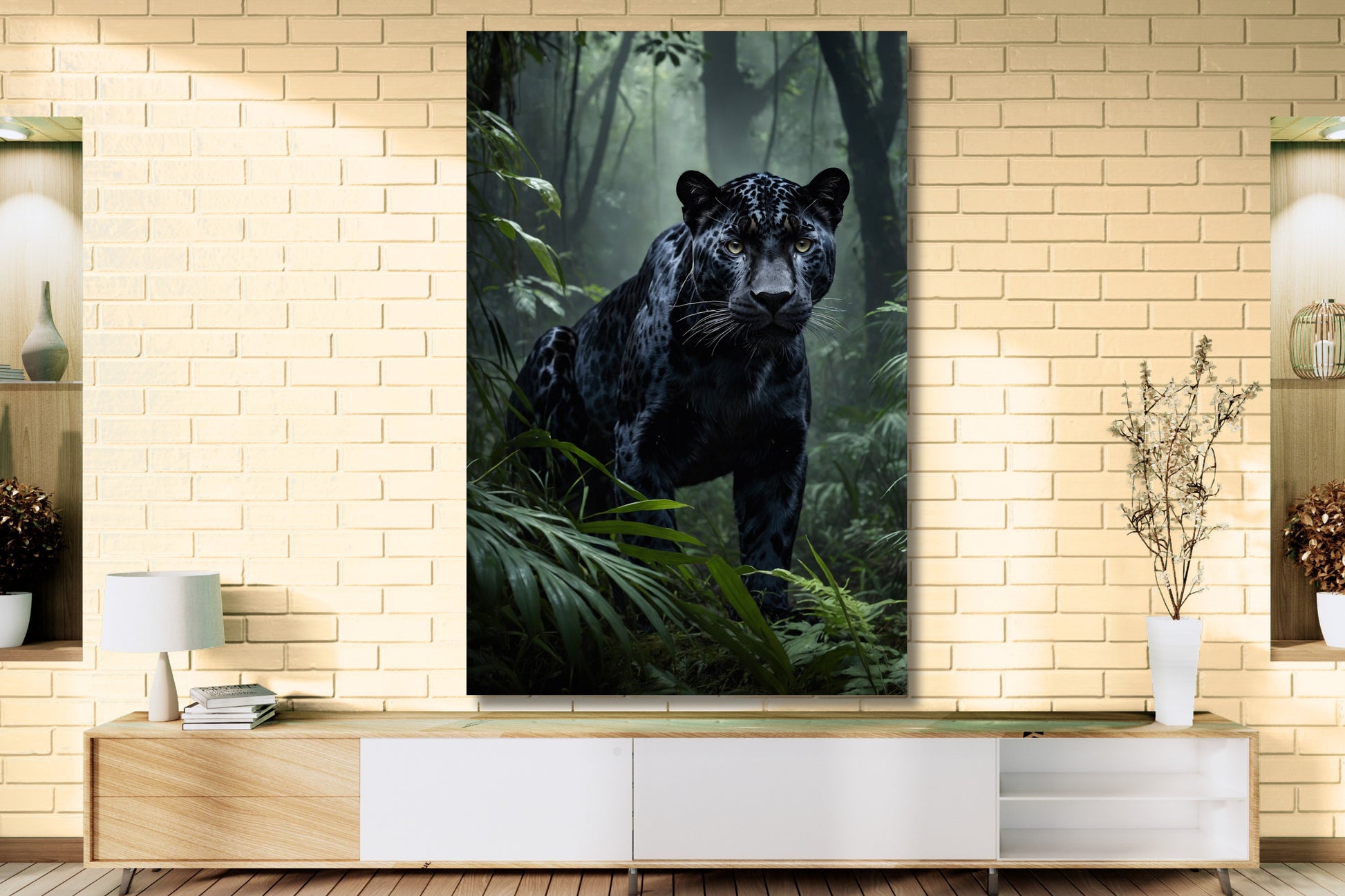 Leinwand eines schwarzen Jaguars im tropischen Regenwald an einer hellen Mauerwand über einem Sideboard aus hellem Holz in einem stilvollen Wohnzimmer