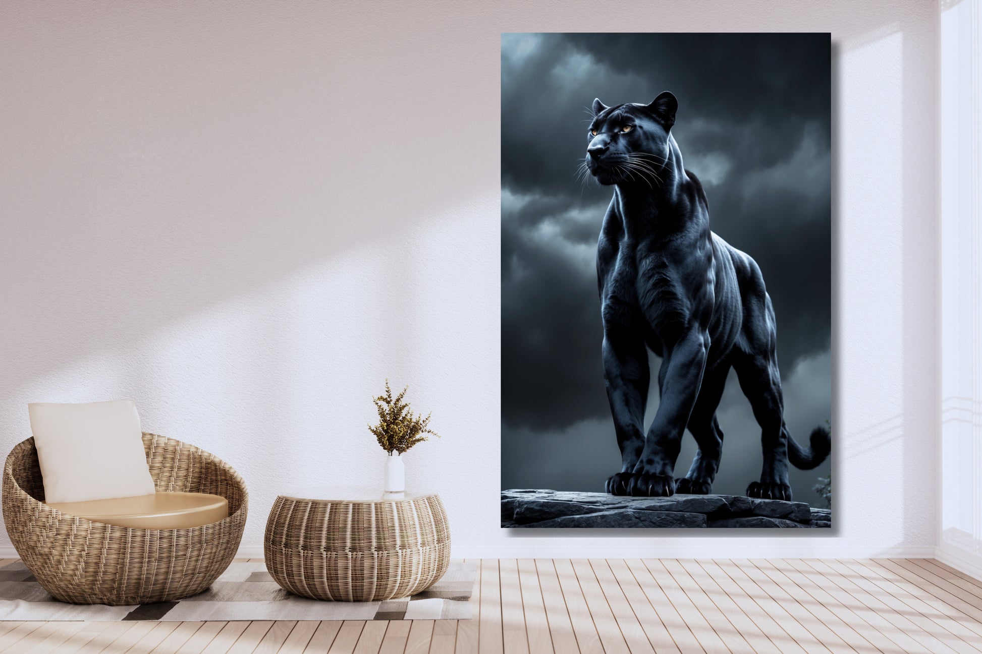 Leinwand eines schwarzen Panthers in kontrollierter Haltung an einer weißen Wand neben einem Korbsessel und einem Korbtisch in modernem Wohnraum