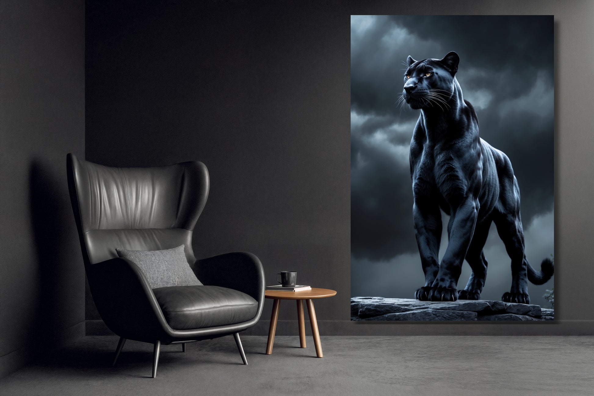 Leinwand eines schwarzen Panthers in kontrollierter Haltung an einer dunklen Wand neben einem schwarzen Ledersessel in einem eleganten Wohnraum