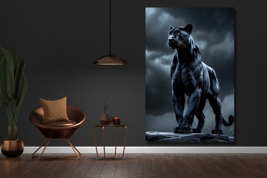 Leinwand eines schwarzen Panthers in kontrollierter Haltung an einer dunklen Wand neben einem Stuhl und einem Tisch aus Messing und einer Grünpflanze in messingfarbenem Übertopf im einem eleganten Wohnraum