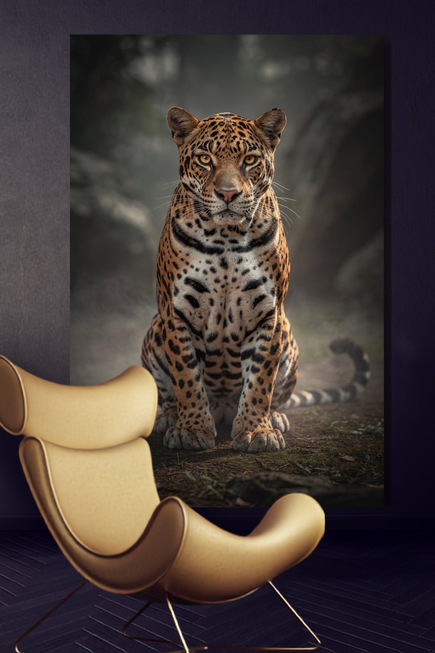 Leinwand eines sitzenden Jaguars im Morgennebel an einer dunkelblauen Wand über einem modernen gelben Lederstuhl in einem Wohnraum