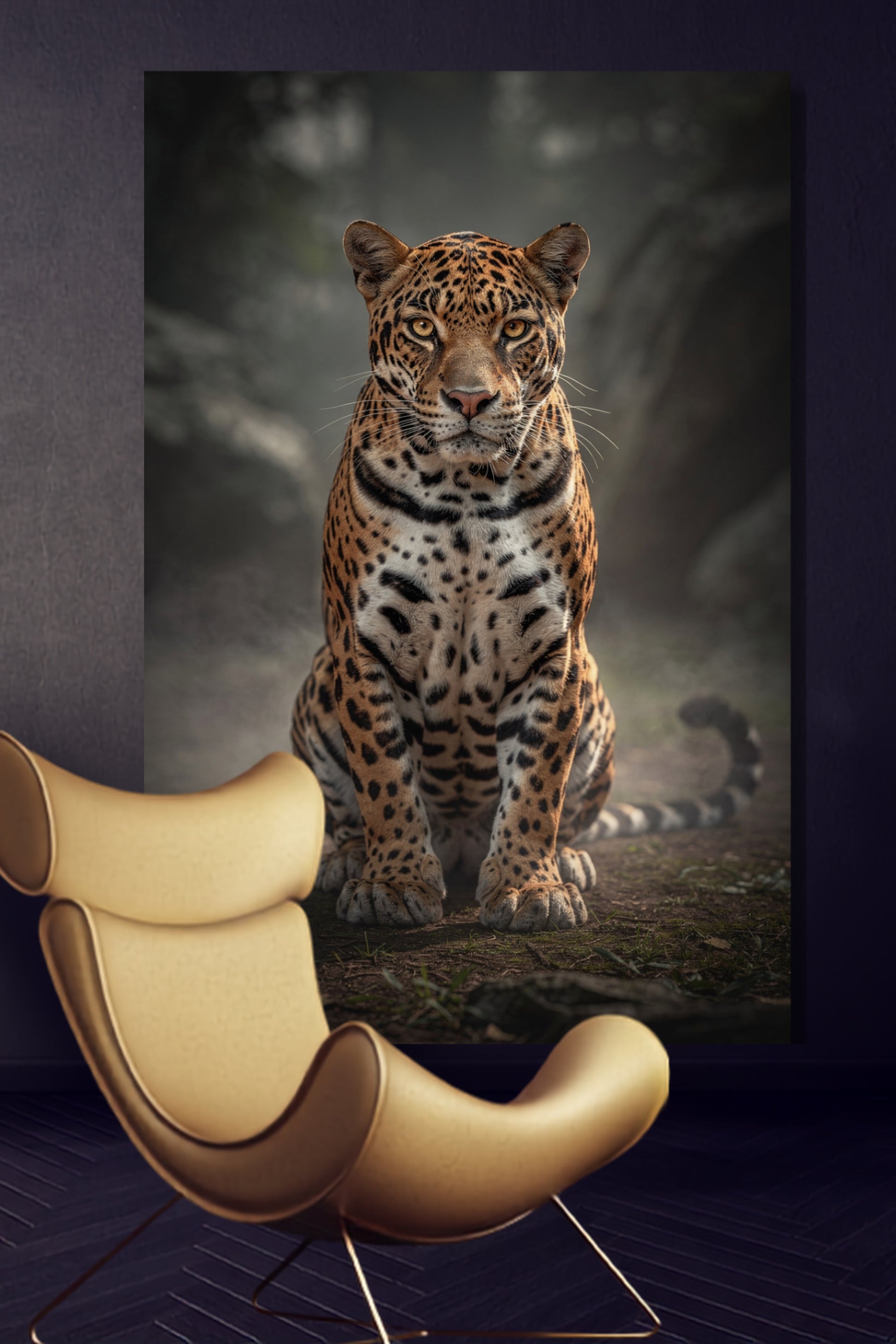 Leinwand eines sitzenden Jaguars im Morgennebel an einer dunkelblauen Wand über einem modernen gelben Lederstuhl in einem Wohnraum