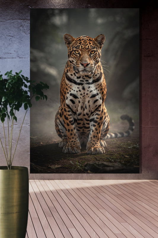 Leinwand eines sitzenden Jaguars im Morgennebel an einer dunkelrot-grauen Mauer über einem Holzfußboden im Flurbereich