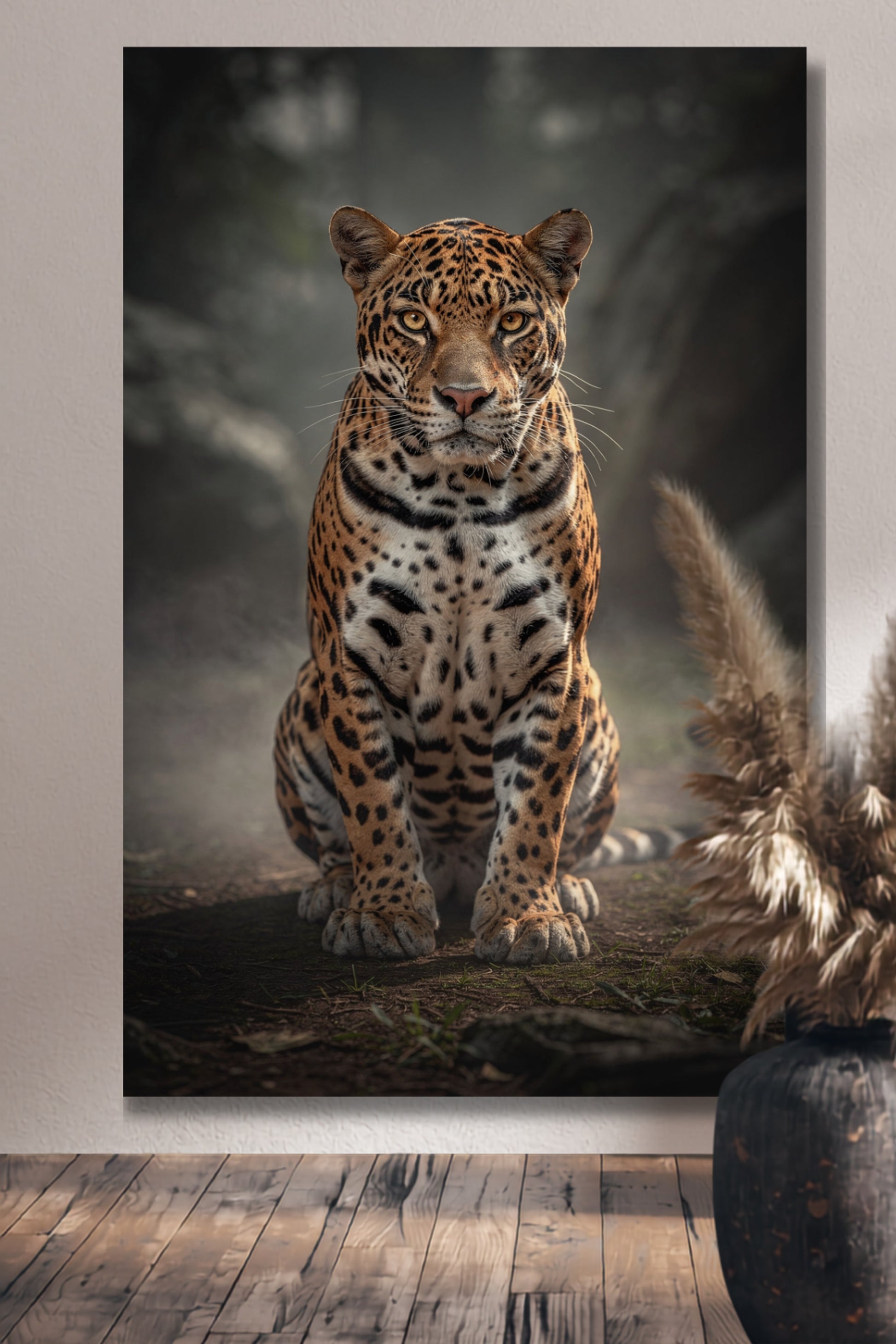Leinwand eines sitzenden Jaguars im Morgennebel an einer hellen Wand über einem Holzfußboden und einer Vase mit Trockenblumen im Flurbereich