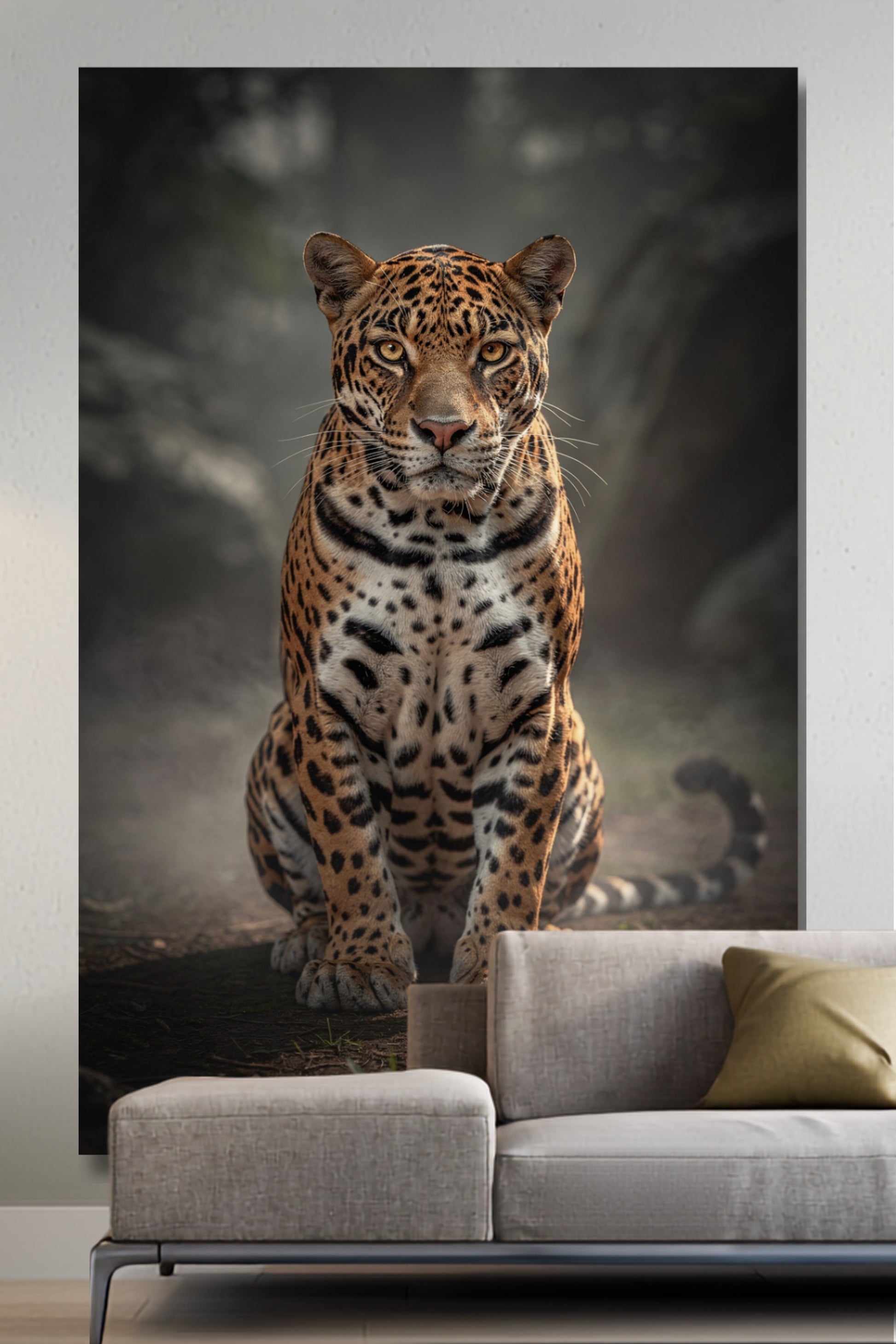 Leinwand eines sitzenden Jaguars im Morgennebel an einer hellen Wand über einem hellen Sofa in einem minimalistisch eingerichteten Wohnraum