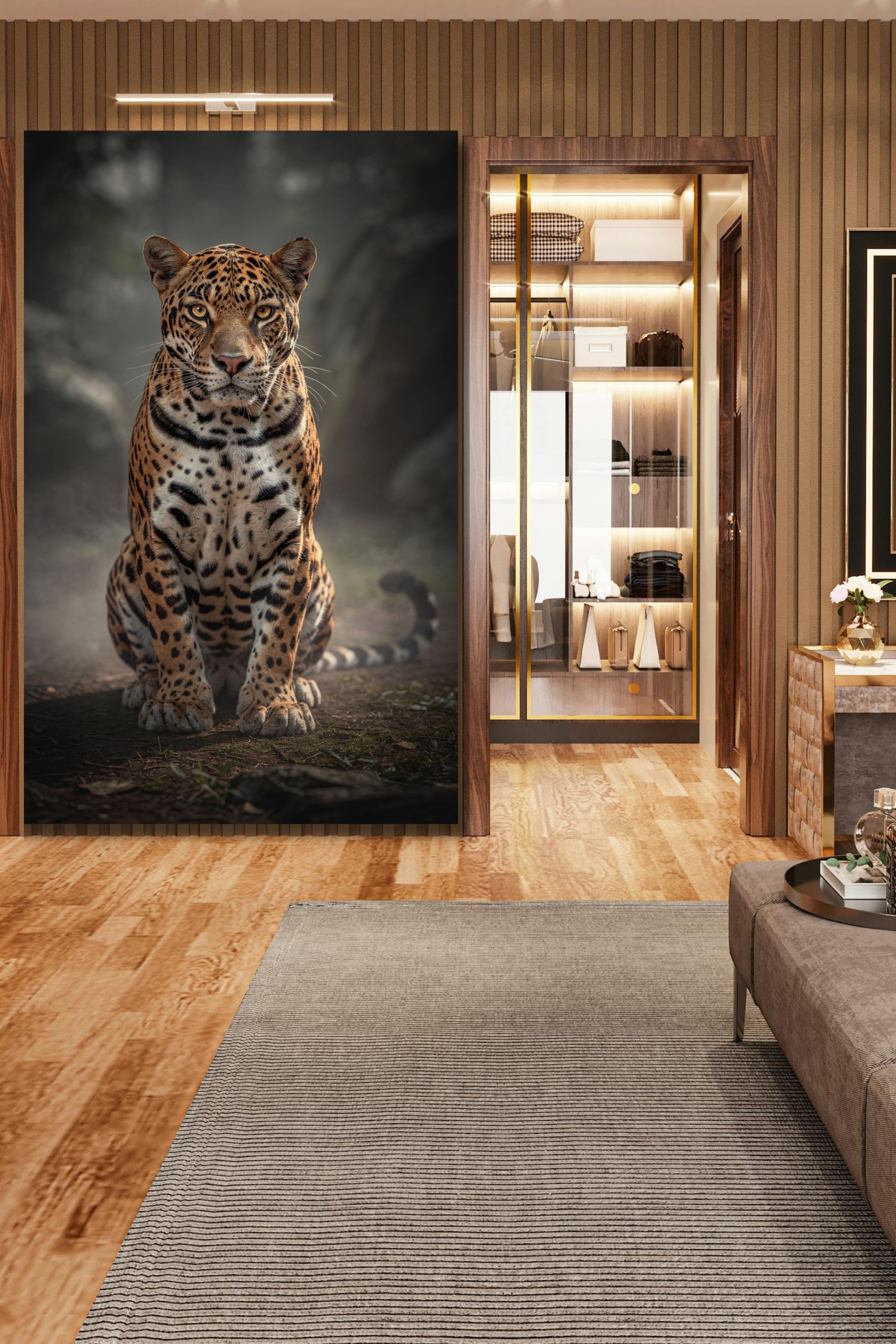 Leinwand eines sitzenden Jaguars im Morgennebel an einer Wand aus Holzpaneelen in einem eleganten Wohnzimmer