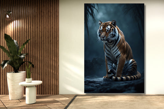 Leinwand eines Tigers im Schatten des Dschungels an einer hellen Wand mit Holzpaneelen neben zwei Grünpflanzen in einem Wohnraum mit indirekter Beleuchtung