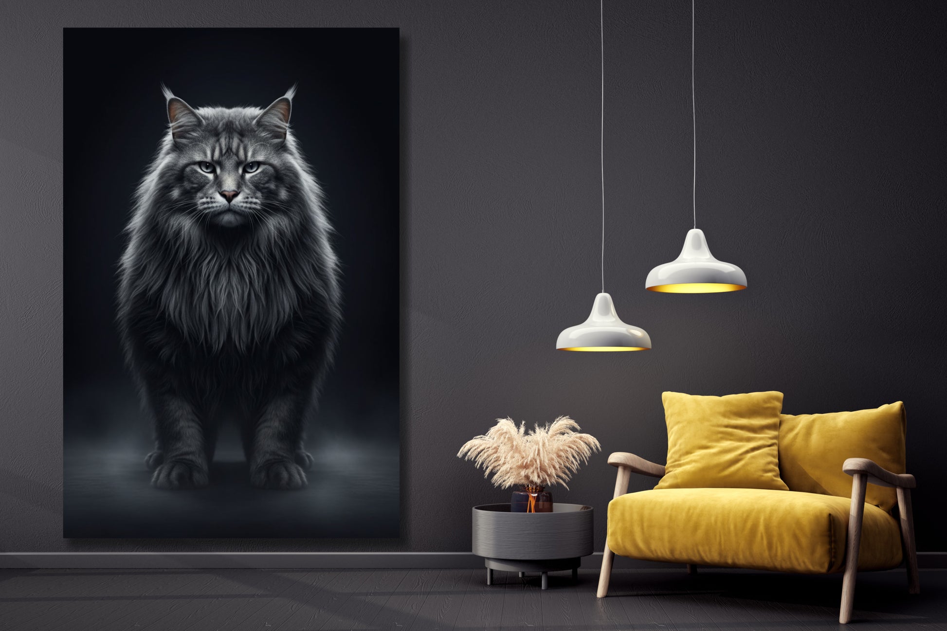 Leinwand einer Waldkatze mit feiner Fellzeichnung an einer dunklen Wand neben zwei Pendelleuchten und einem gelben Sessel in einem modernen Wohnzimmer