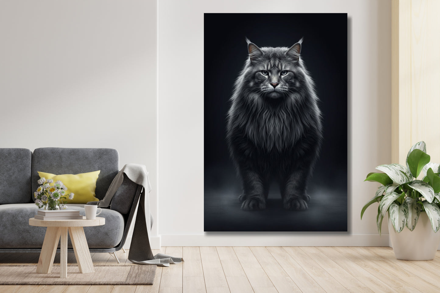 Leinwand einer Waldkatze mit feiner Fellzeichnung an einer weißen Wand neben einem grauen Sofa in einem modernen Wohnzimmer