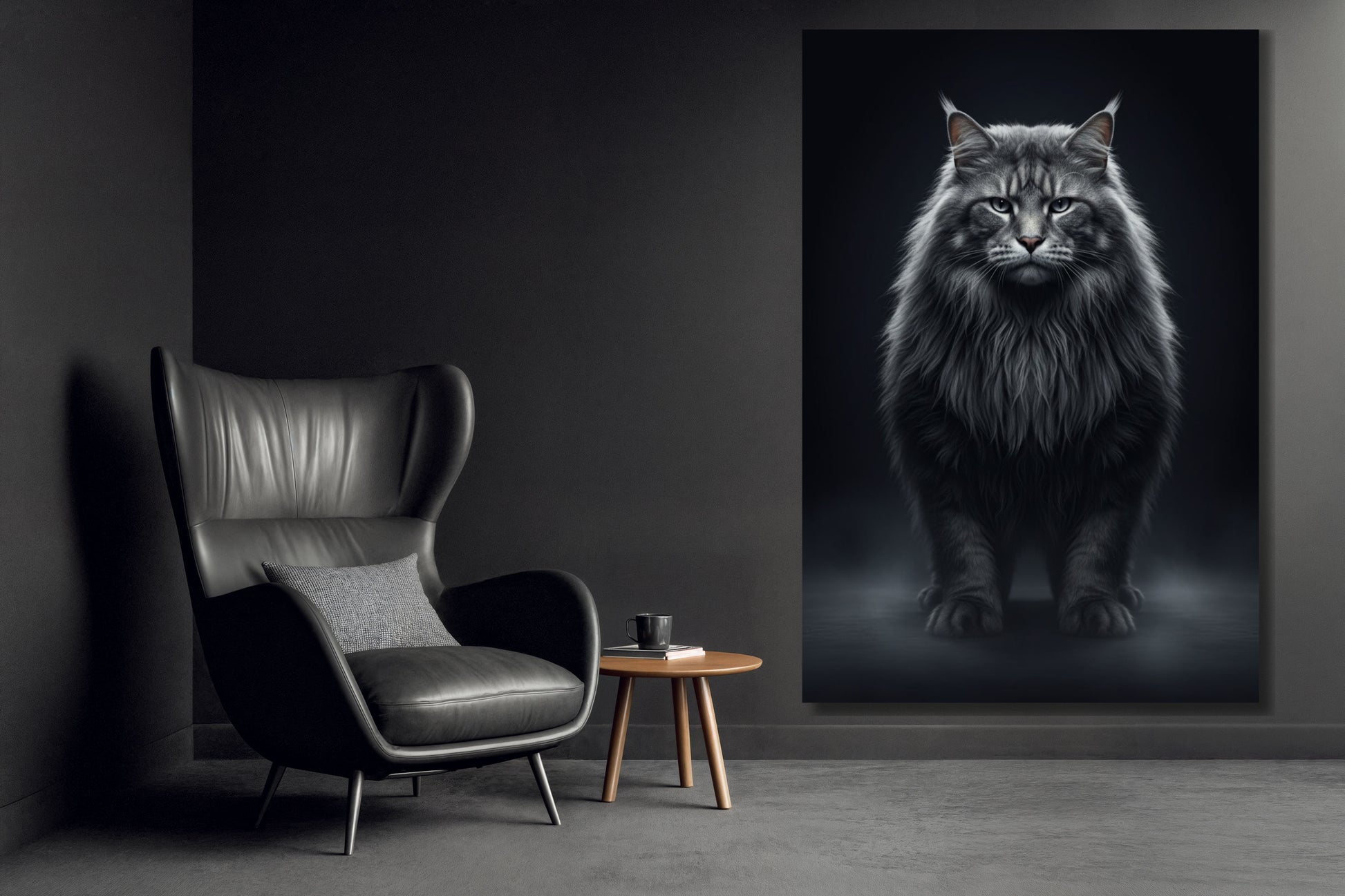 Leinwand einer Waldkatze mit feiner Fellzeichnung an einer dunklen Wand neben einem schwarzen Ledersessel