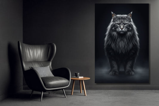 Leinwand einer Waldkatze mit feiner Fellzeichnung an einer dunklen Wand neben einem schwarzen Ledersessel