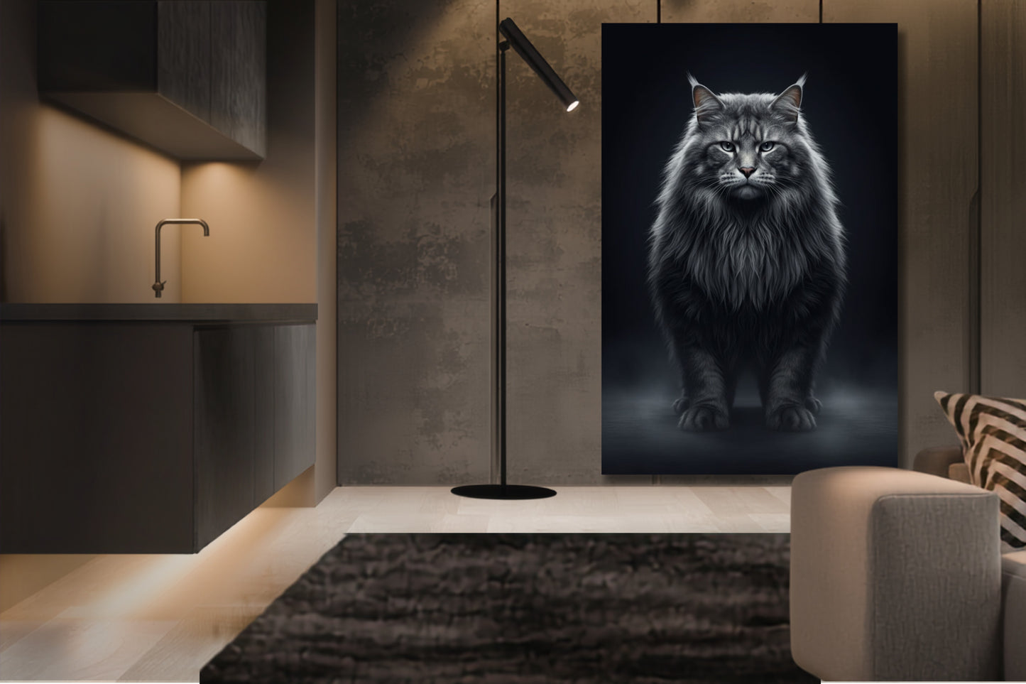 Leinwand einer Waldkatze mit feiner Fellzeichnung an einer braunen Wand neben einer großen Stehlampe im Küchenbereich