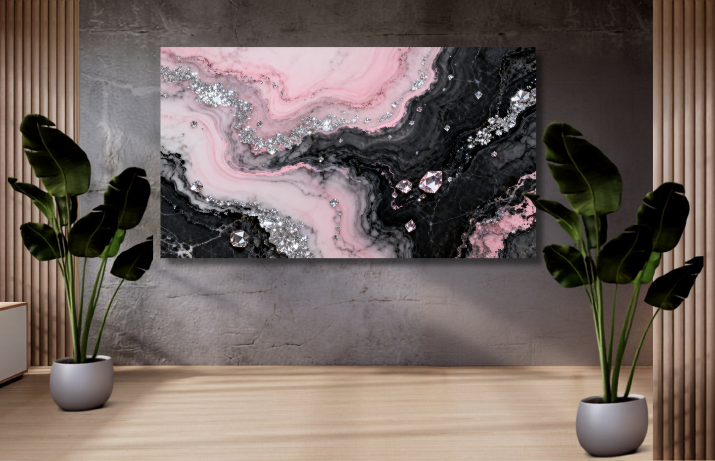 Leinwand mit Rosé-, Schwarz- und Silbertönen in luxuriöser Rosenquarzoptik mit funkelnden Kristallakzenten und mineralischer Struktur.


