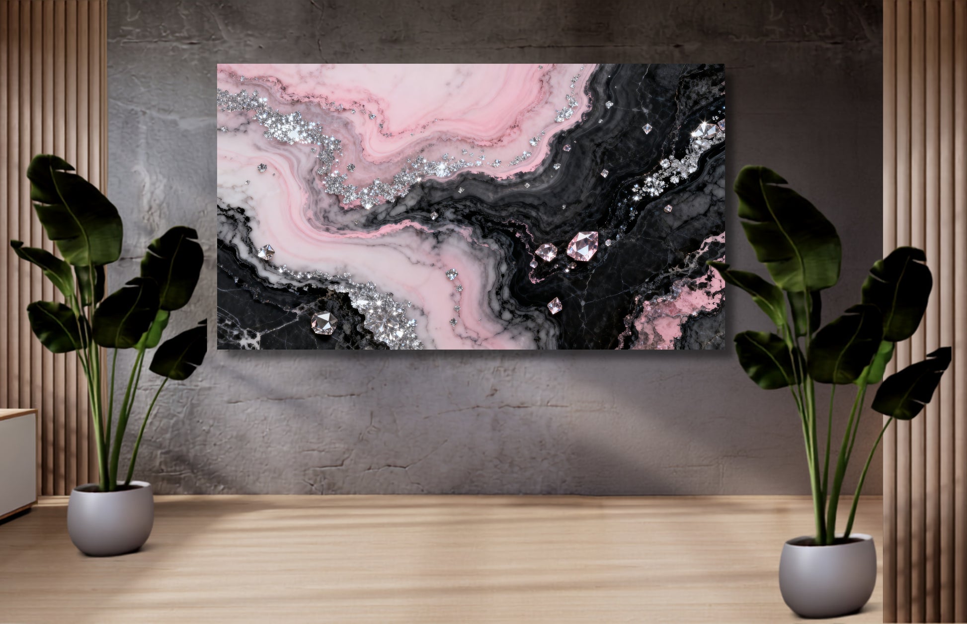 Leinwand mit Rosé-, Schwarz- und Silbertönen in luxuriöser Rosenquarzoptik mit funkelnden Kristallakzenten und mineralischer Struktur.

