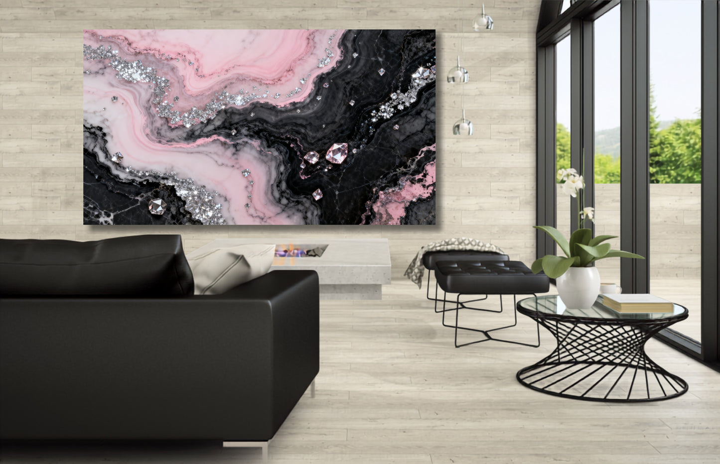 Leinwand mit Rosé-, Schwarz- und Silbertönen in eleganter Rosenquarzoptik mit funkelnden Kristallakzenten als Blickfang in einem modernen Wohnraum mit großzügigen Fensterflächen.