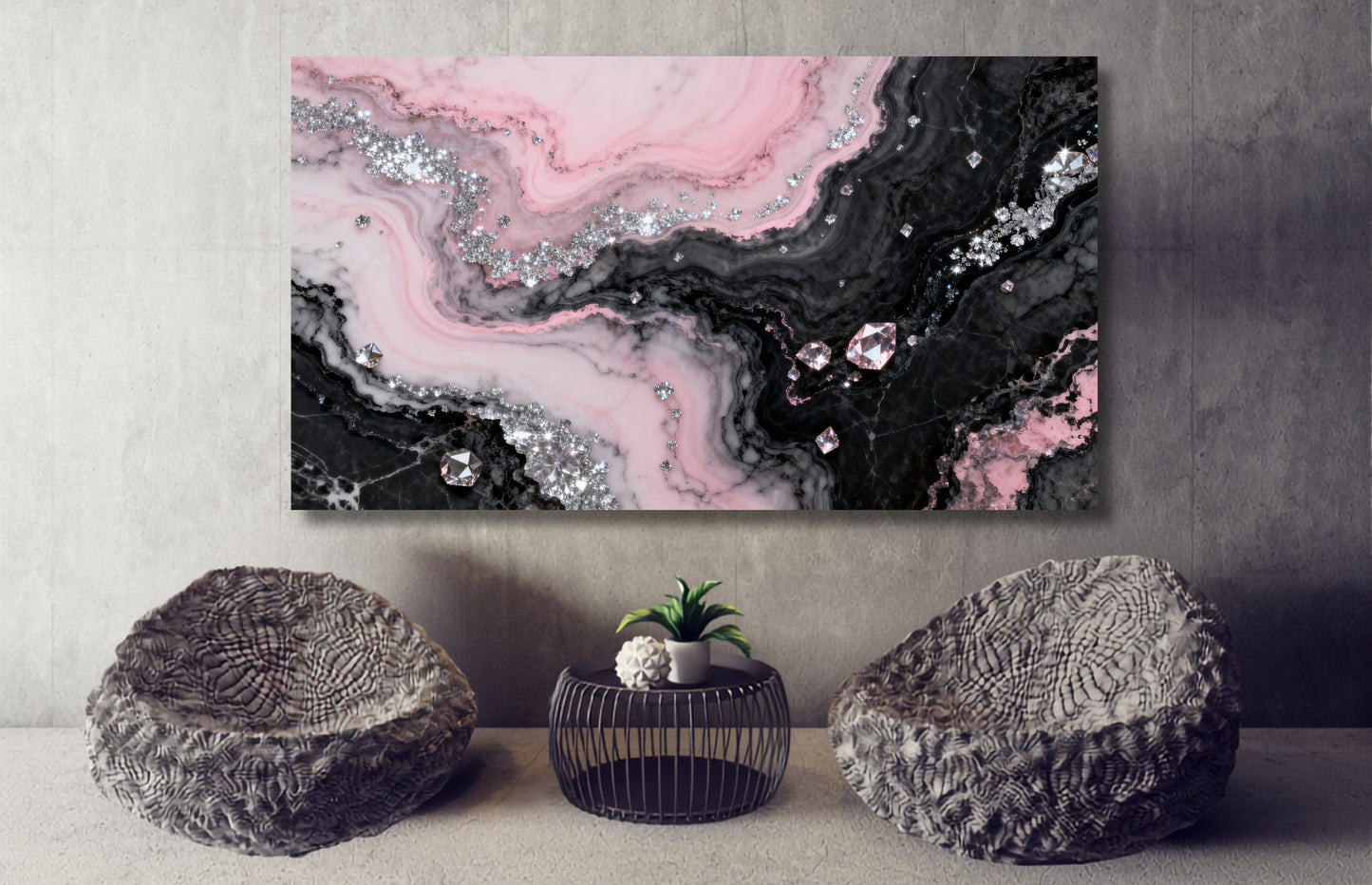Leinwand mit Rosé-, Schwarz- und Silbertönen in edler Rosenquarzoptik mit funkelnden Kristallakzenten als Blickfang in einem modernen Wohnraum mit natürlicher Atmosphäre.