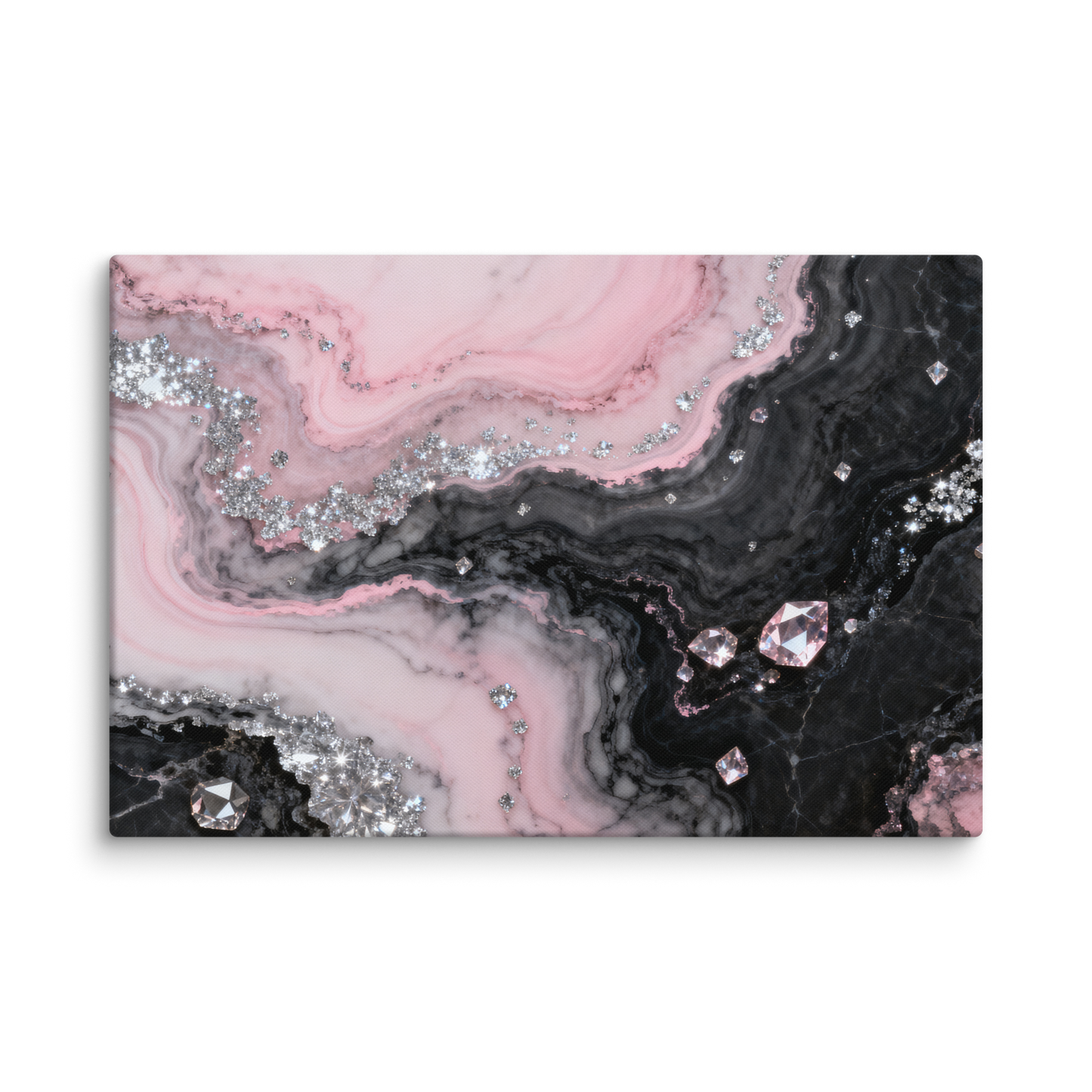 Leinwand Wandkunst in Rosé, Schwarz und Silber mit Rosenquarzoptik, funkelnden Kristallakzenten und mineralischen Strukturen als Freisteller der 32x48 Zoll Variante