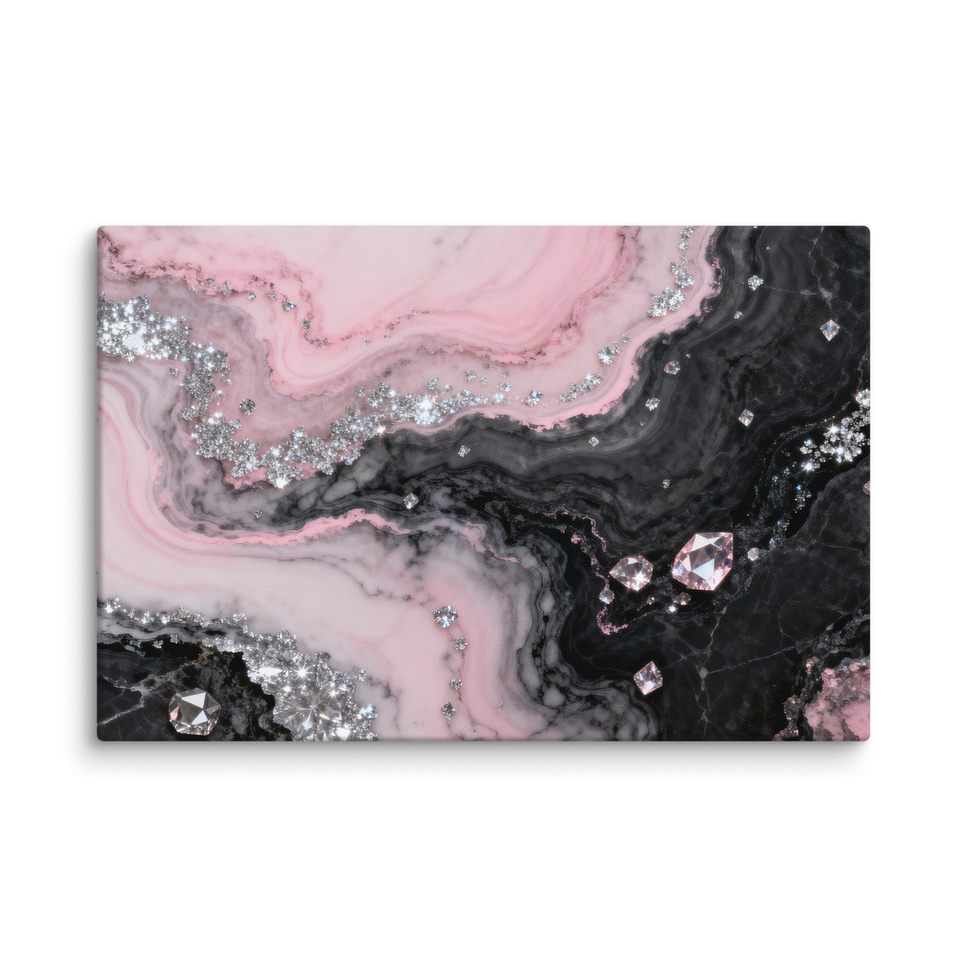 Leinwand Wandkunst in Rosé, Schwarz und Silber mit Rosenquarzoptik, funkelnden Kristallakzenten und mineralischen Strukturen als Freisteller der 32x48 Zoll Variante
