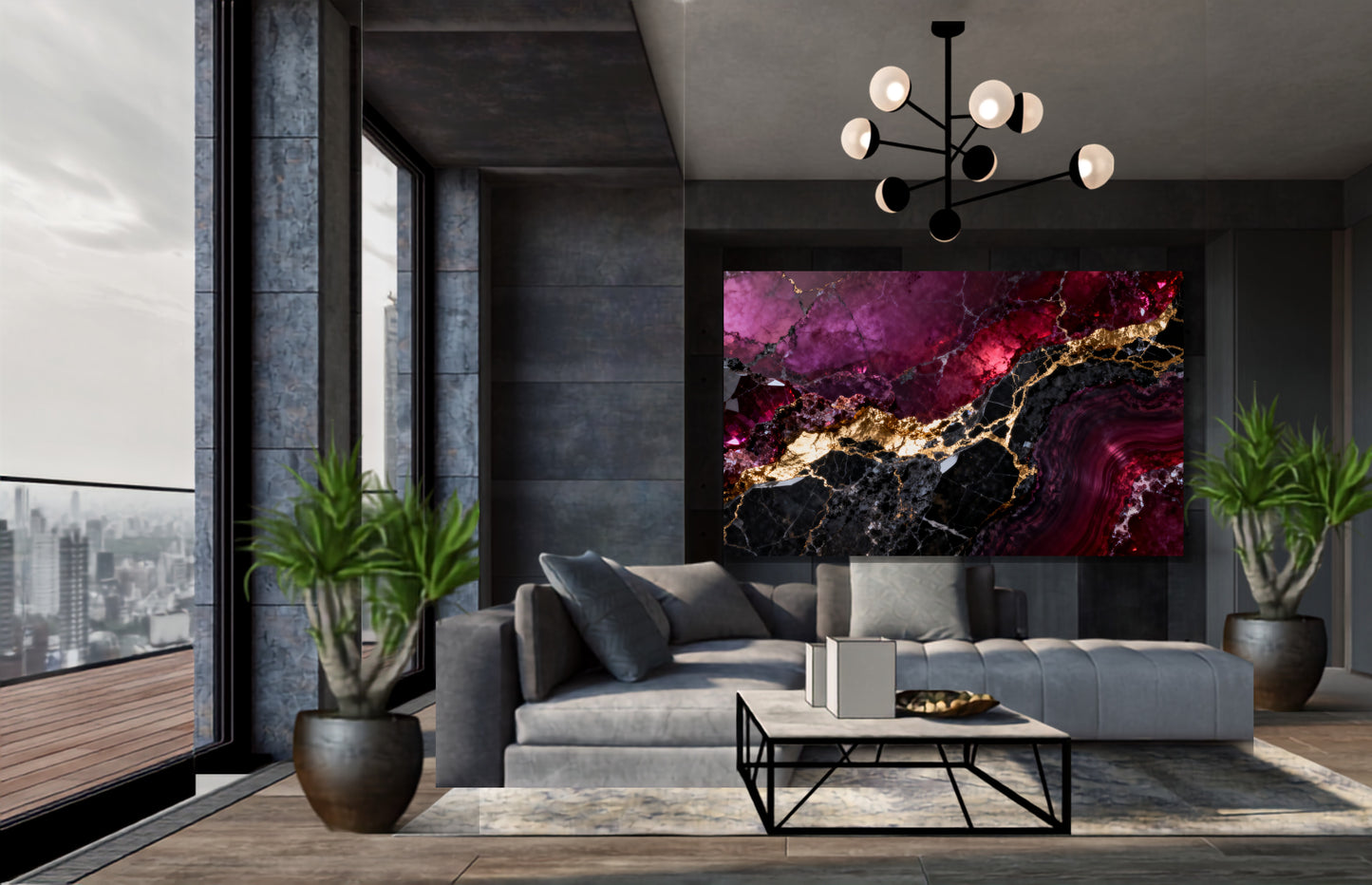 Leinwand mit abstrakter Marmorstruktur in Rubinrot, Schwarz und Gold als stilvoller Blickfang über einer modernen Sitzlandschaft in elegantem Wohnambiente.
