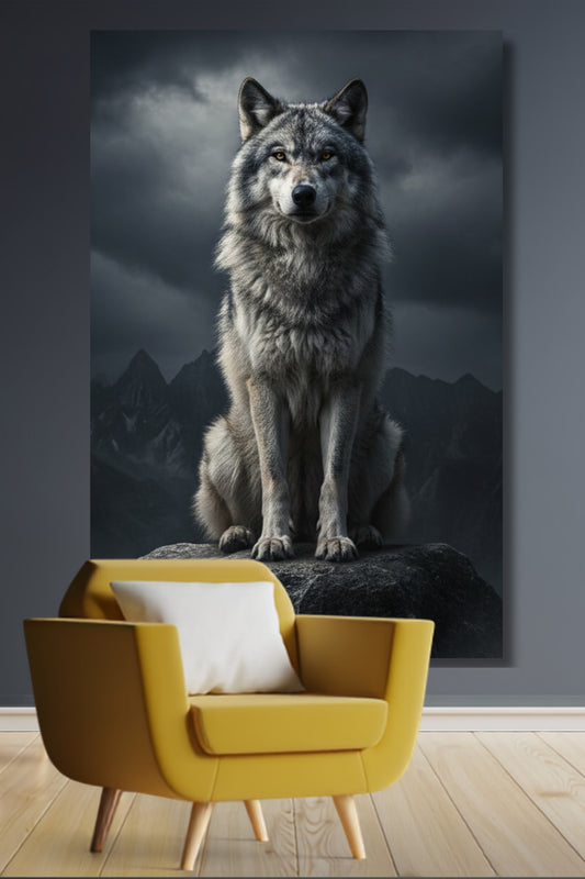 Leinwand eines Wolfes auf einem Felsen im Nebel an einer grauen Wand über einem gelben Sessel in einem Wohnraum