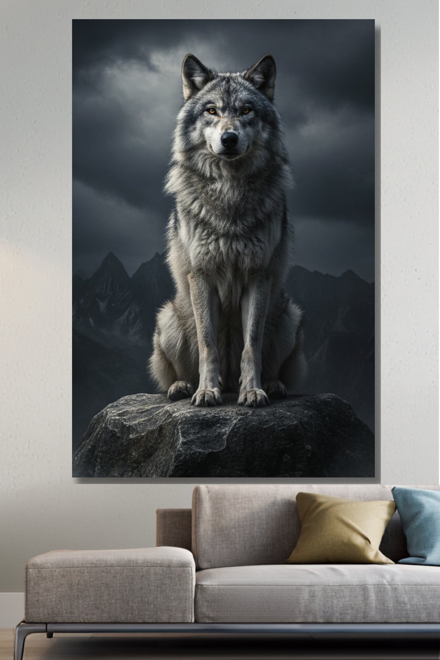 Leinwand eines Wolfes auf einem Felsen im Nebel an einer weißen Wand über einem hellen Sofa mit bunten Sofakissen im Wohnbereich 