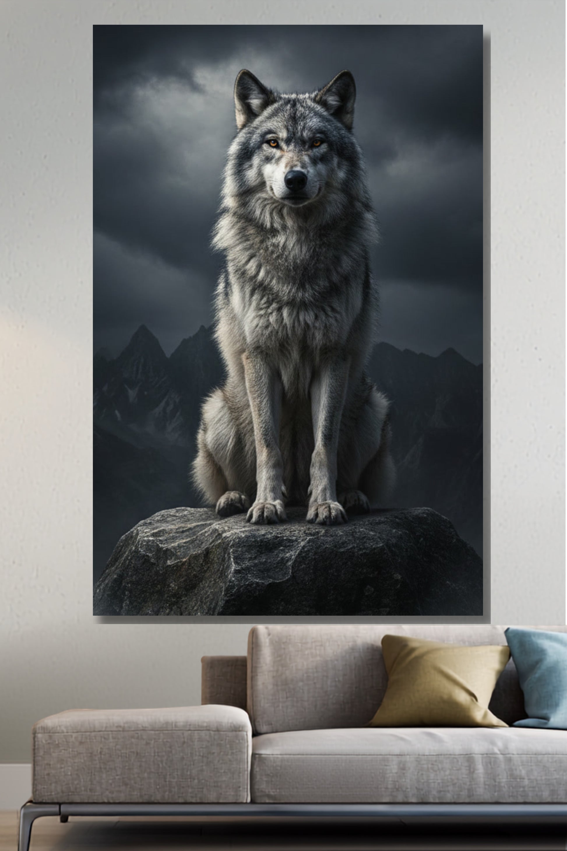 Leinwand eines Wolfes auf einem Felsen im Nebel an einer weißen Wand über einem hellen Sofa mit bunten Sofakissen im Wohnbereich 