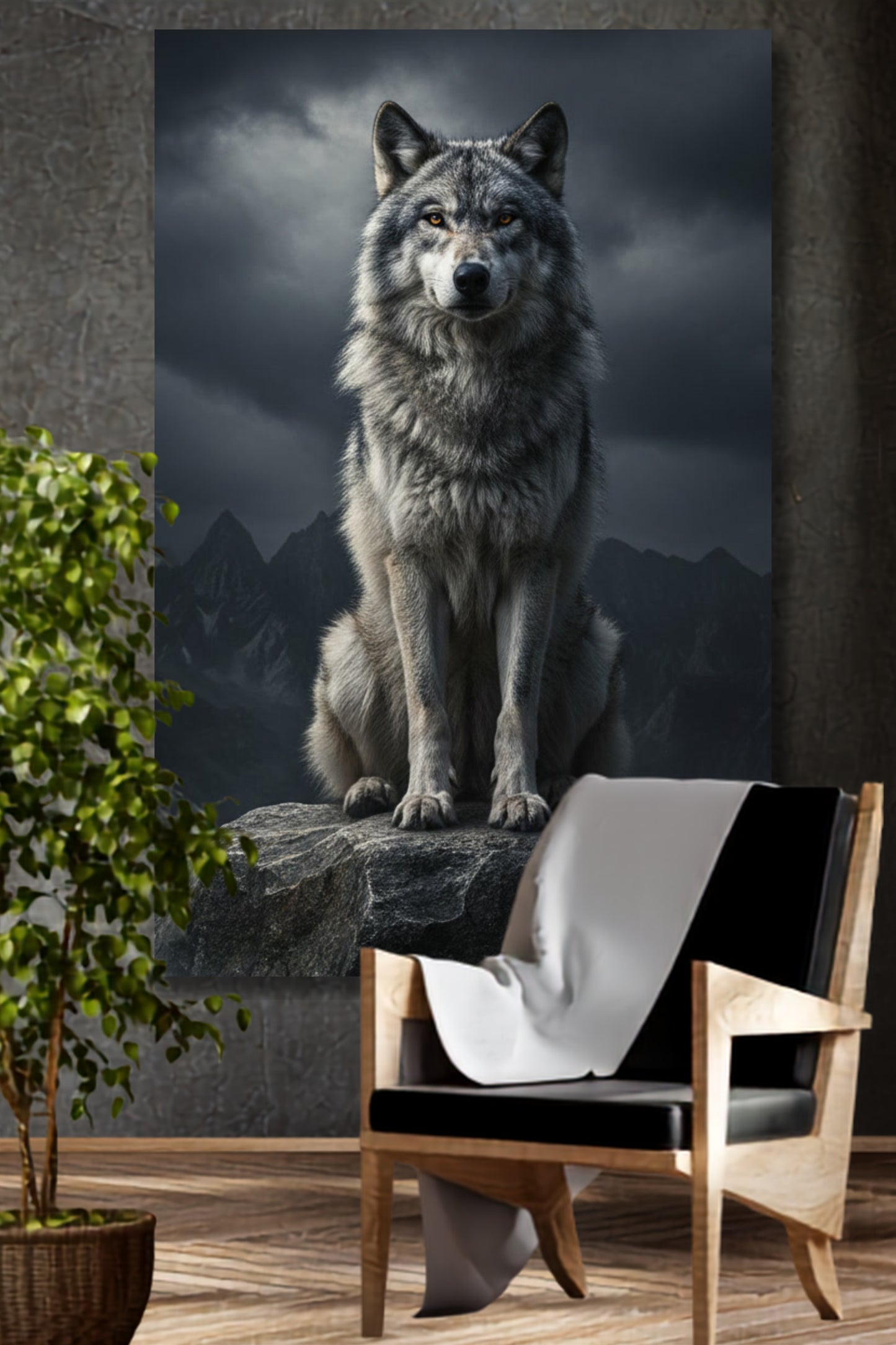 Leinwand eines Wolfes auf einem Felsen im Nebel an einer grauen Wand über einem schwarzen Stuhl mit einer Decke dekoriert und einer großen Grünpflanze