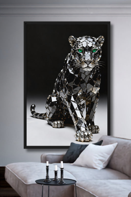 Leinwandbild eines Kristalljaguars mit smaragdgrünem Blick in einem schwarzen Rahmen über einem Sofa in einem modernen Wohnzimmer