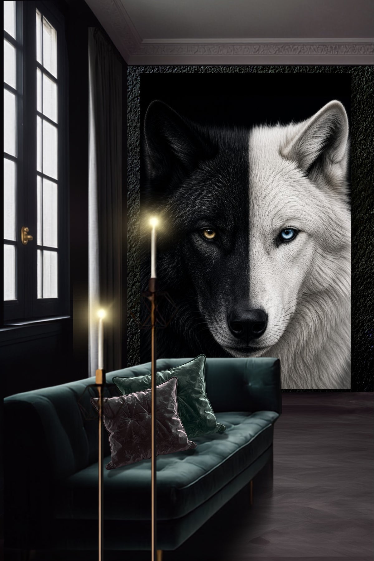 Leinwandbild eines schwarz-weiß geteilten Wolfsgesichts an einer dunklen Wand über einem dunkelgrünen Sofa bei Kerzenschein in einem eleganten Wohnzimmer