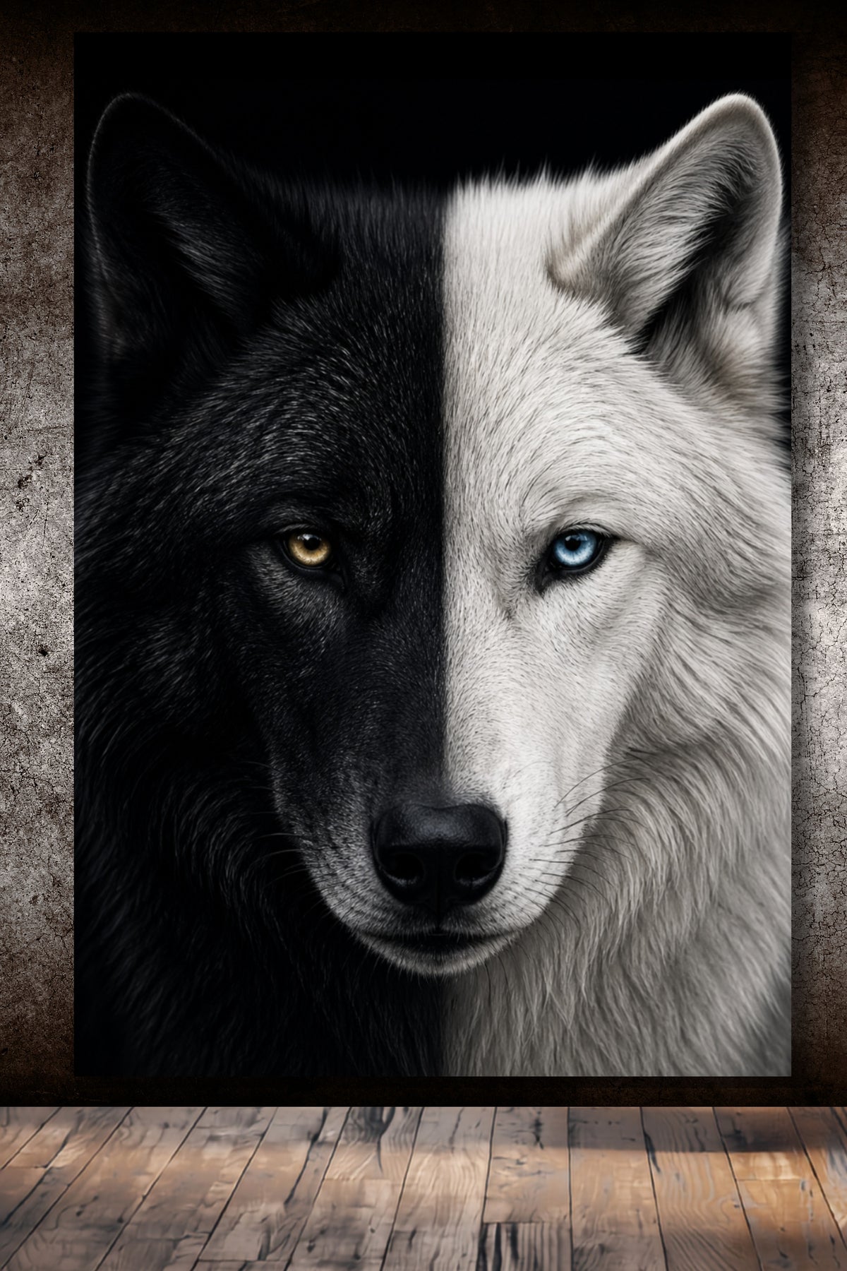 Leinwandbild eines schwarz-weiß geteilten Wolfsgesichts an einer schimmernd braunen Wand über einem Holzfußboden in minimalistischem Ambiente