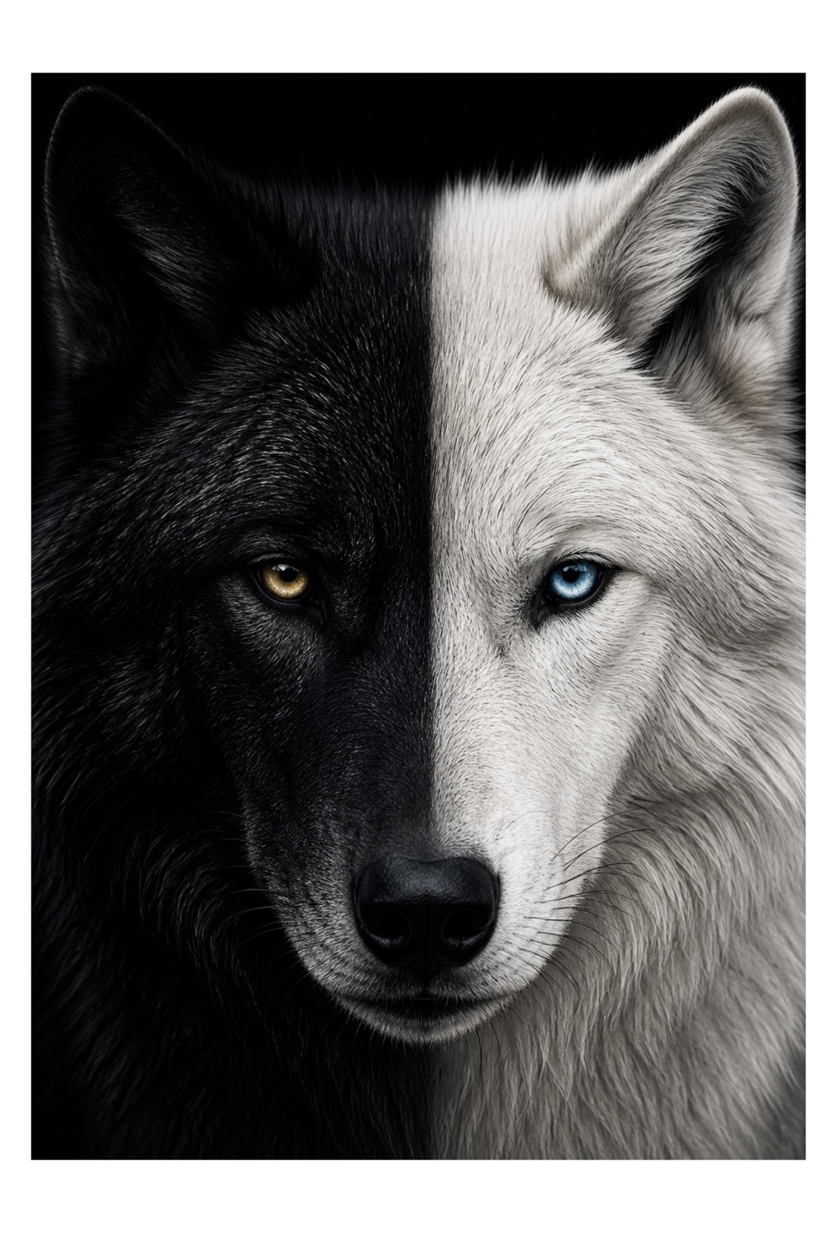 Freigestelltes Motiv eines schwarz-weiß geteilten Wolfsgesichts als Leinwandbild