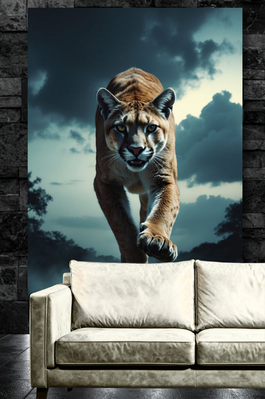 Leinwandbild eines Pumas im Sprung an einer dunkelgrauen Mauer aus Ziegelsteinen über einem Teil eines weißen Ledersofas
