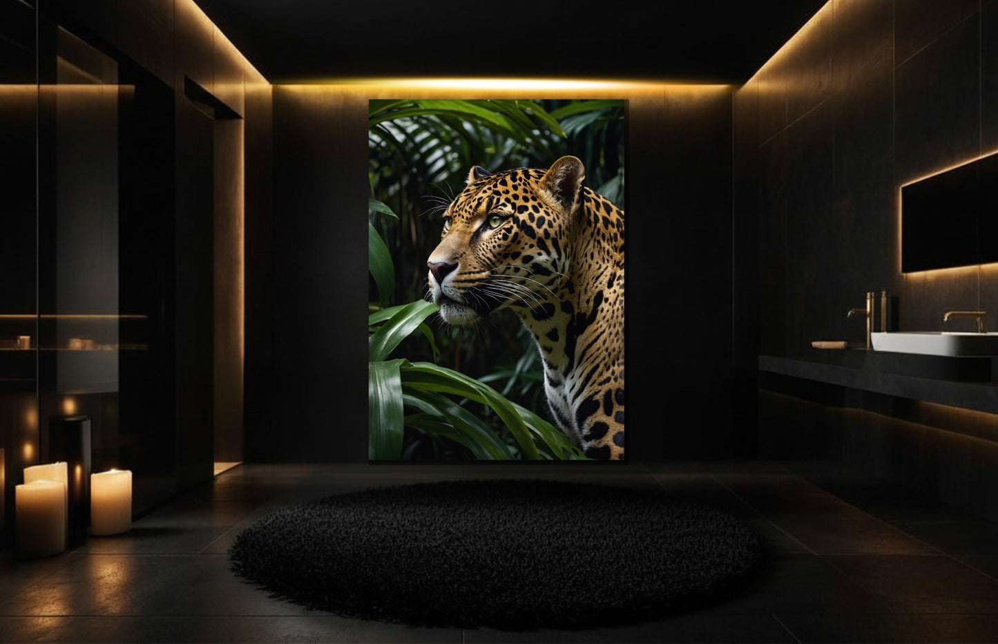 Leopard Leinwand in stilvollem Badezimmer, dunklem Interiors und warmer Lichtstimmung