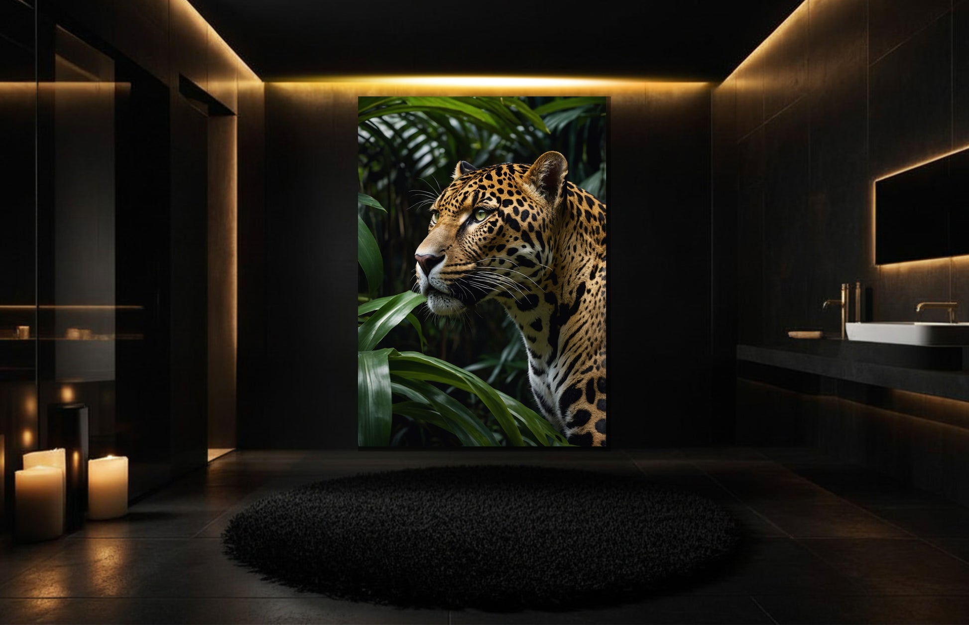 Leopard Leinwand in stilvollem Badezimmer, dunklem Interiors und warmer Lichtstimmung