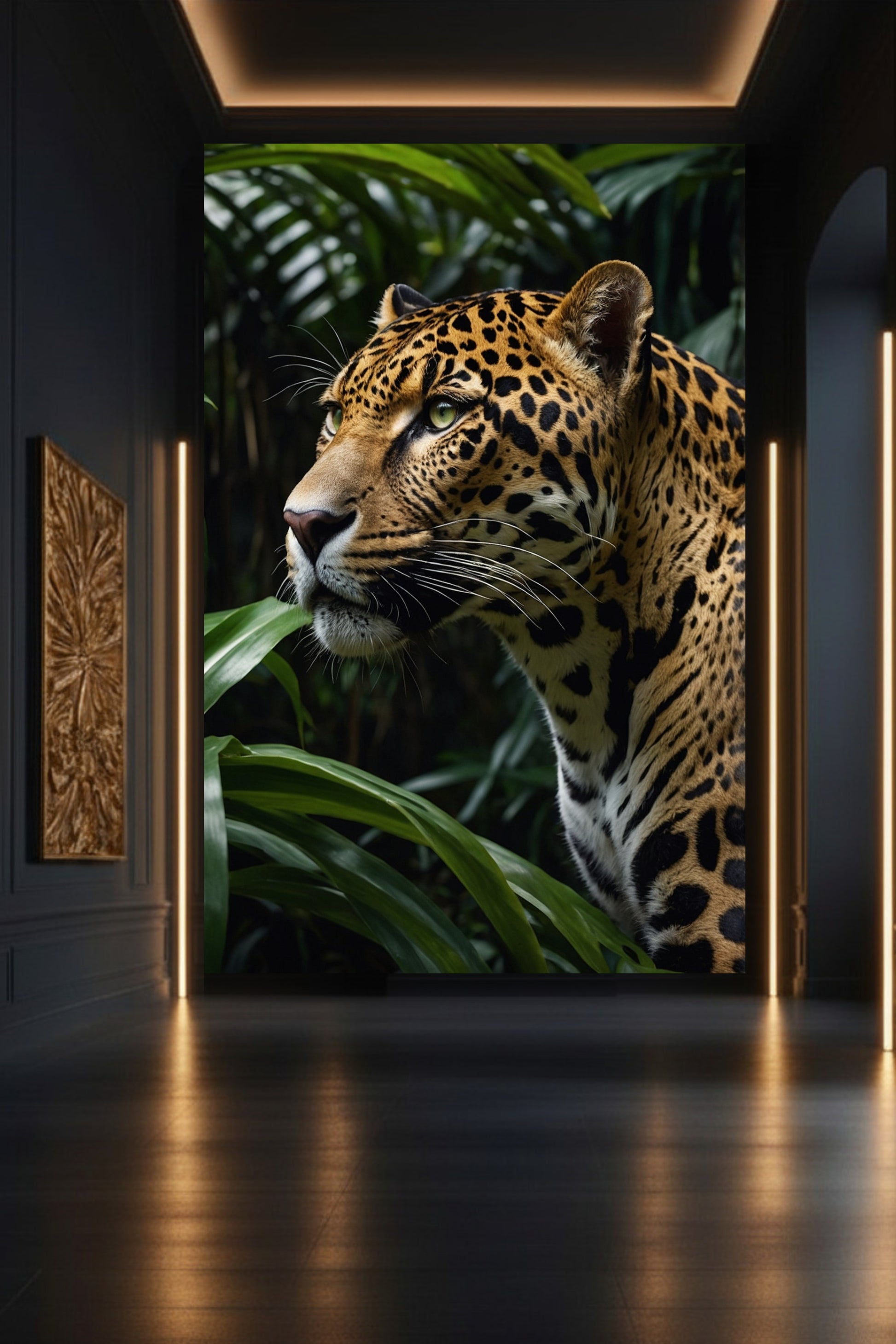 Leopard Leinwand in stilvoller Galerie mit klarer Bildwirkung und tiefer Atmosphäre