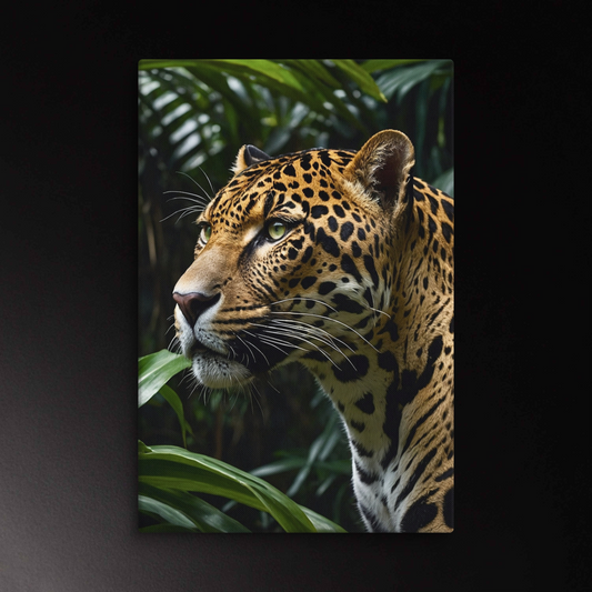 Leopard Leinwand im dunklen Dschungel mit intensivem Blick und klarer Lichtführung